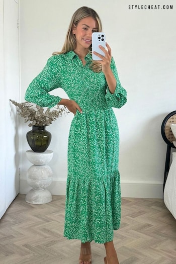 Style Cheat Green Elena Shirt Tiered Midi Dress (N95623) | £50