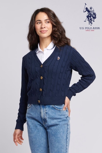 U.S. Polo Assn. Womens Cable Knit Cropped White Cardigan (N95662) | £65