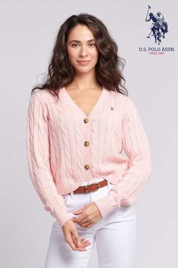 U.S. Polo Assn. Womens Cable Knit Cropped White Cardigan (N95667) | £65