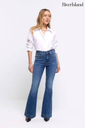River Island Blue Petite High Rise Tummy Hold Flare Jeans (N95679) | £48