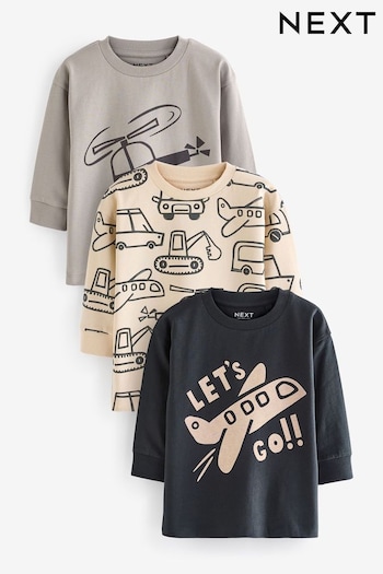 Black/Grey 100% Cotton Long Sleeve Transport T-Shirts Lyser 3 Pack (3mths-7yrs) (N96315) | £16 - £20