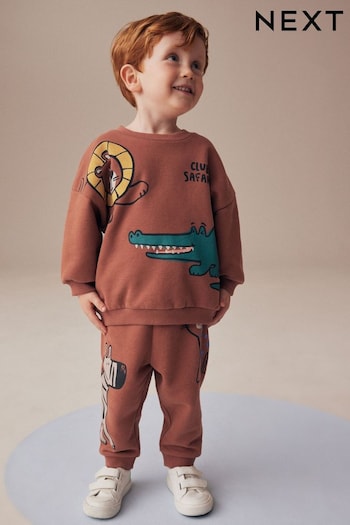 Rust Brown Safari Animals Oversized Printed Sweatshirt and Joggers Set (3mths-7yrs) (N96329) | £17 - £21