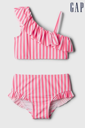 Gap Pink Stripe Asymmetric Ruffle Baby Bikini (6mths-5yrs) (N96429) | £25