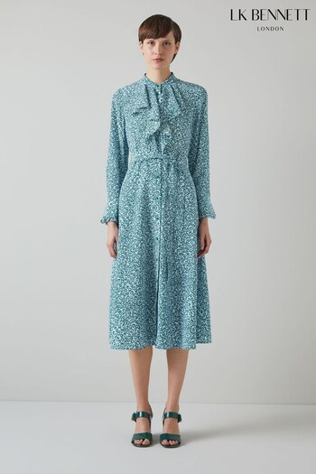 LK Bennett Soni Blue And Green Heart Print Silk Dress (N96663) | £429