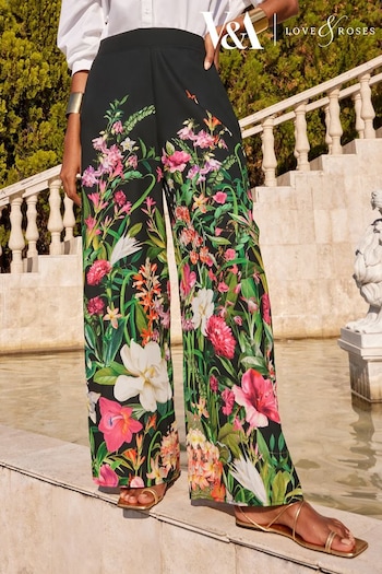 V&A | Games & Puzzles Black Floral Palazzo Wide Leg Trousers (N96698) | £44