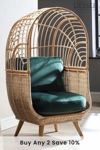 Desser Cocoon Wicker Rattan Chair In Velvet Green (N96949) | £625