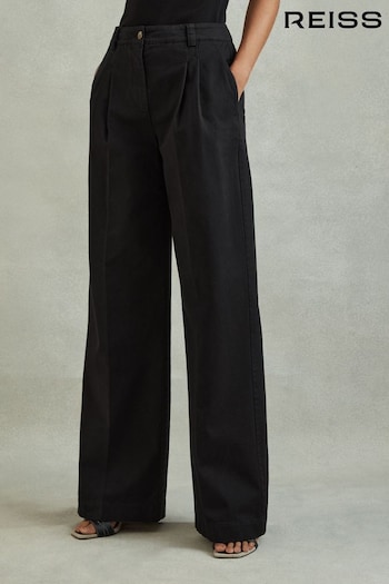 Reiss Washed Black Astrid Petite Cotton Blend Wide Leg Trousers (N97247) | £150