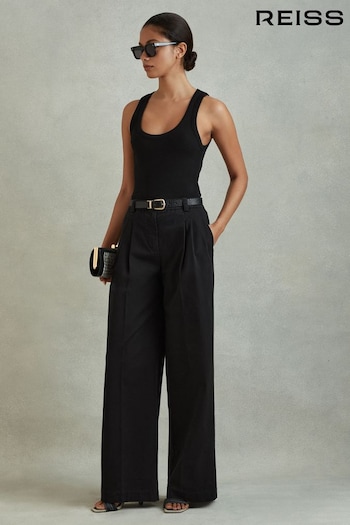Reiss Washed Black Astrid Cotton Blend Wide Leg Trousers (N97272) | £150