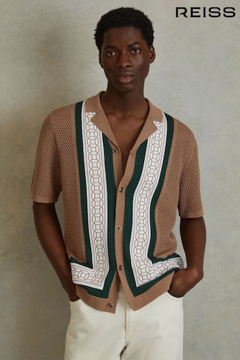 Reiss Camel/Green Jensen Embroidered Cuban Collar Shirt (N97379) | £168