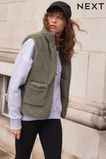 Khaki Green Reversible Borg Teddy Gilet (N97562) | £46