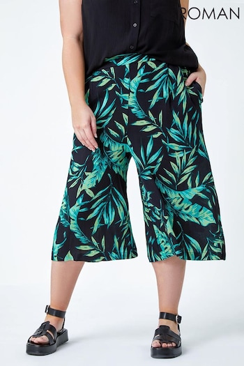 Roman Green Leaf Print Crinkle Culottes (N97598) | £30