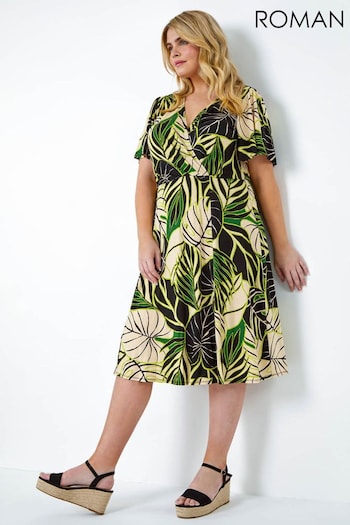 Roman Green Tropical Leaf Stretch Wrap Dress (N97601) | £42