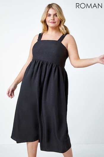 Roman Black Linen Look Ruched Midi Dress (N97606) | £42