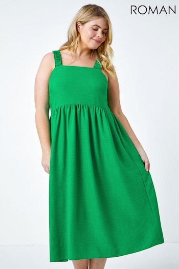 Roman Green Linen Look Ruched Midi Dress (N97626) | £42