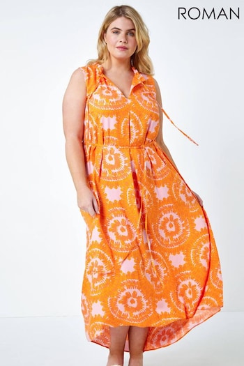 Roman Orange Tie Dye Print Tie Neck Midi Dress (N97638) | £45