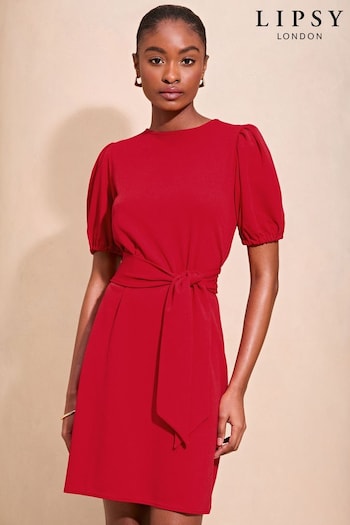 Lipsy Red Long Sleeve Round Neck Tie Waist Shift Dress (N97678) | £38
