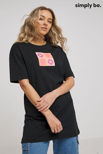 Simply Be Oversized Sun Smiley Slogan Black T-Shirt (N97877) | £14