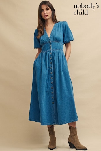 Nobodys Child Denim Blue Short Sleeve Starlight Plain Midi Dress (N97941) | £85