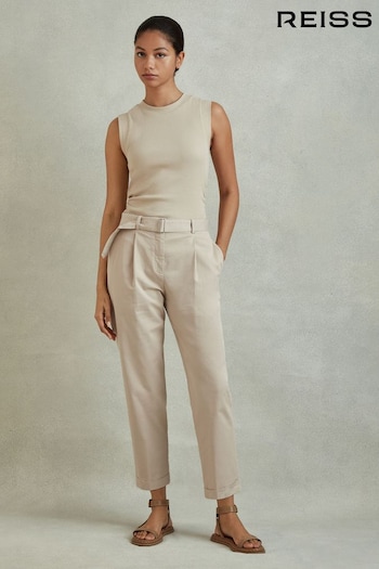 Reiss Stone Hutton Cropped Cotton Blend Belted Trousers (N98048) | £150