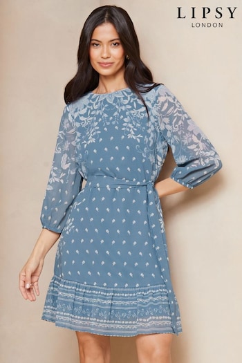 Lipsy Blue Belted Woven Print 3/4 Sleeve Mini Shift super Dress (N98219) | £68