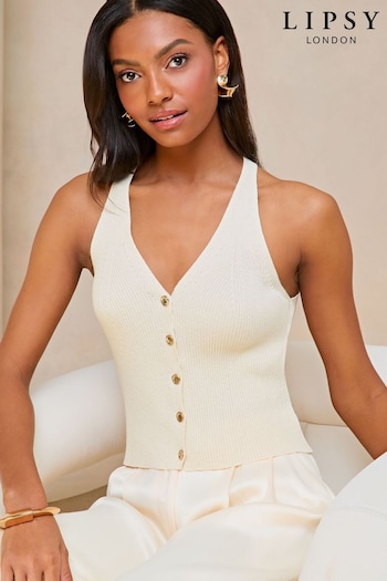 Lipsy Ivory White Knit Button Through Vest Top (N98459) | £34