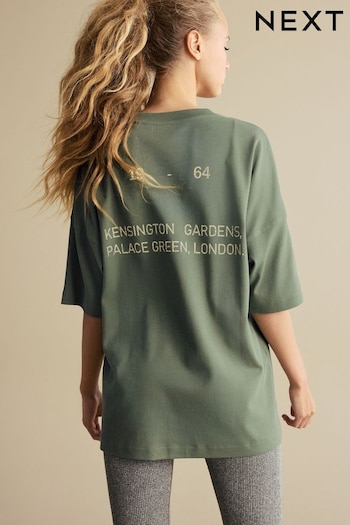 Olive Green Longline Oversized London Back Graphic Slogan 100% Cotton T-Shirt (N98477) | £15