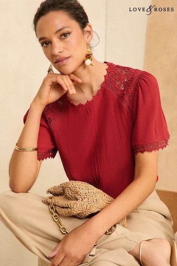 Love & Roses Red Crochet Detail Flutter Sleeve Blouse (N98484) | £36