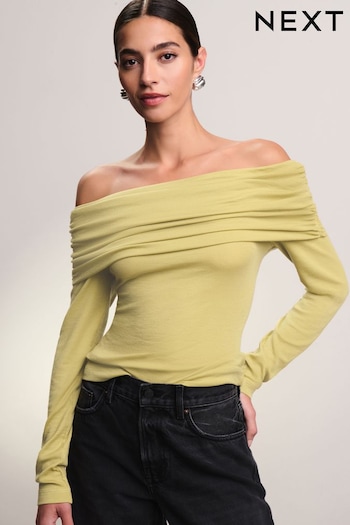 Lime Green Ribbed Bardot Long Sleeve Top (N98518) | £14