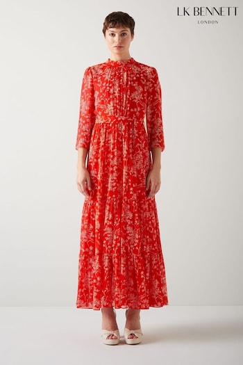 LK Bennett Red And Cream Olivia Silk Georgette Maxi Dress (N98706) | £479