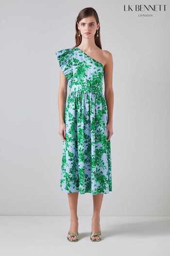 LK Bennett Maud Neon Garden Print Organic Cotton One-Shoulder Dress (N98736) | £279