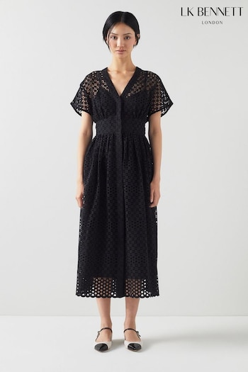 LK Bennett Vivienne Black Broderie Anglaise Cotton Dress (N98752) | £399