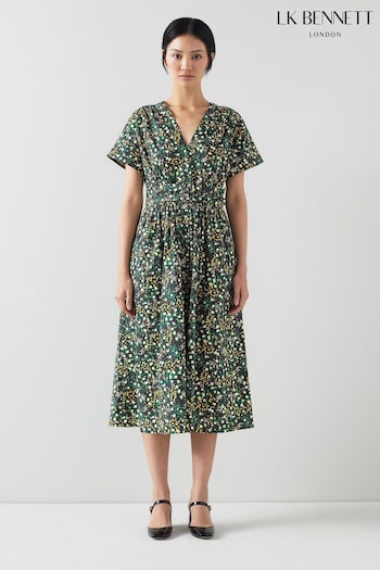LK Bennett Eva Cotton Buttercup Meadow Print Green Dress (N98785) | £279
