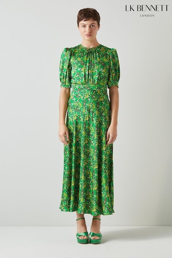 LK Bennett Green And Yellow Floral Print Jem Midi Dress (N98798) | £399