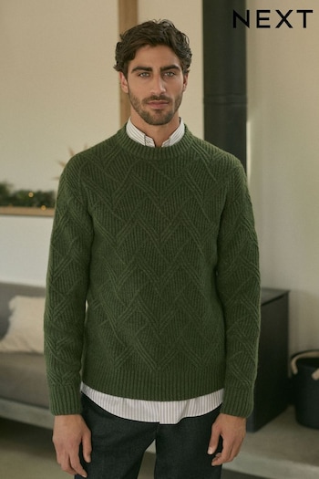 Green Relaxed Fit Textured Crew Jumper with Wool (N99064) | £42