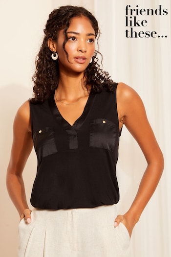 Tops, Shirts & T-Shirts Black Satin Mix V Neck Pocket Sleeveless Tunic (N99203) | £27