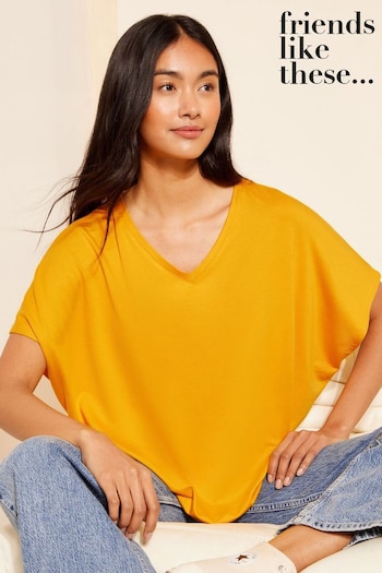 Fein gestricktes T-Shirt Blau Mustard Yellow Soft Jersey Short Sleeve Slash Neck Tunic (N99213) | £20