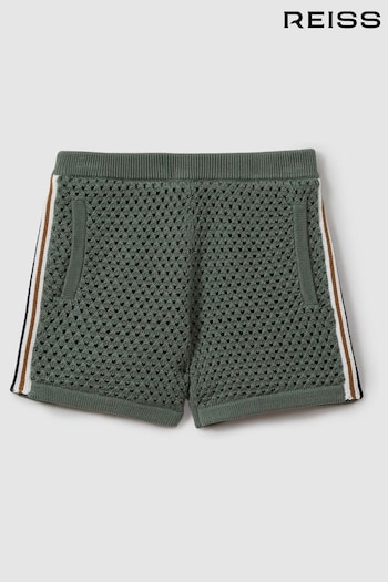 Reiss Dark Sage Green Creek Crochet Contrast Trim Elasticated Shorts (N99219) | £50