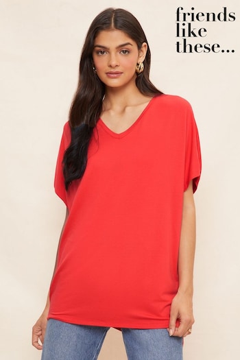 Gifts For Him Red Petite Short Sleeve V Neck Tunic Top (N99225) | £20