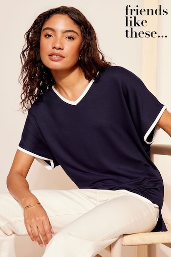 tee shirt manches longues a rayures de la marque agnes b homme taille Navy Blue And White Short Sleeve V Neck Tunic Top (N99227) | £24