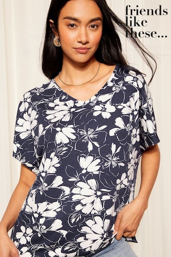 Flowers & Plants Navy Floral Short Sleeve V Neck Tunic Top (N99229) | £25