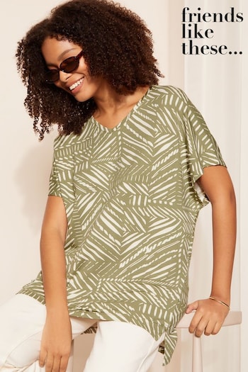 All Tops & T-Shirts Khaki Tropical Print Short Sleeve V Neck Tunic Top (N99230) | £25