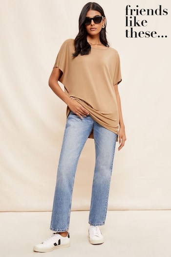 Friends Like These Brown Petite Soft Jersey Short Sleeve Slash Neck Tunic (N99258) | £20
