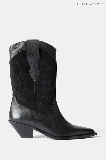 Mint Velvet Black Leather Cowboy Boots (N99756) | £179