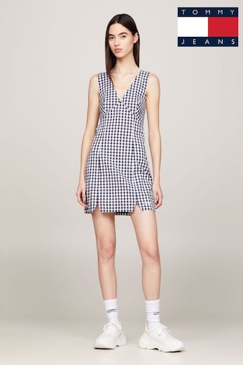 Tommy embroidered-logo Jeans Mini Gingham White Dress (N99828) | £80