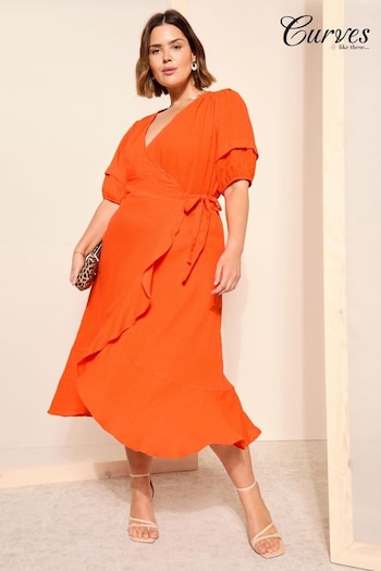 Curves Like These Orange Dobby Puff Sleeves Midi Wrap Dress (N99871) | £55