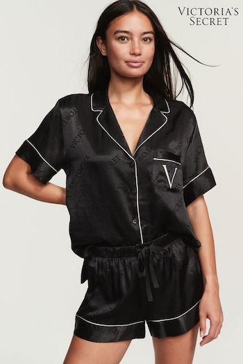 Victoria's Secret Black Logo Stripe Satin Short Pyjamas (P25417) | £59