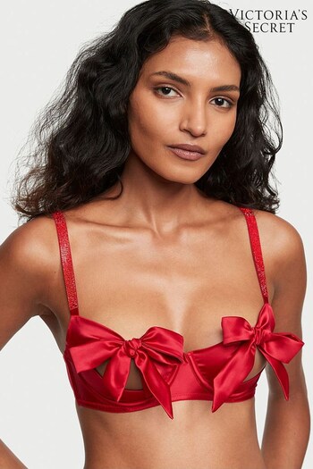 Victoria's Secret Lipstick Red Satin Balcony Shine Bow Bra (P28735) | £49