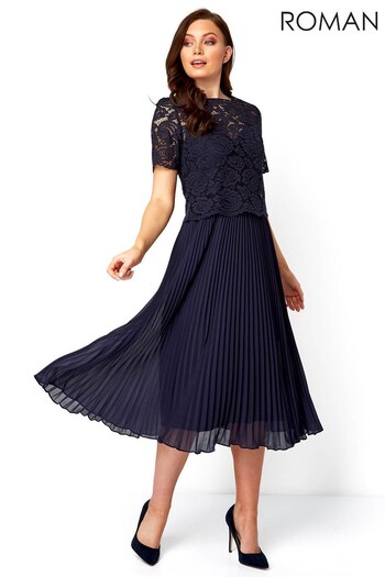 Roman Navy Lace Top Overlay Pleated Midi Dress (P29445) | £75