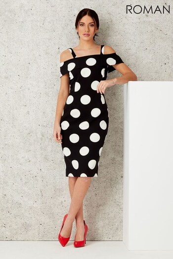 Roman Black Polka Dot Bardot Dress (P29449) | £55