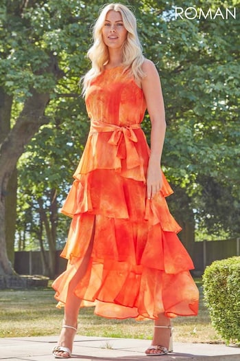 Roman Orange Tie Dye Print Layer Midi Dress (P29466) | £65